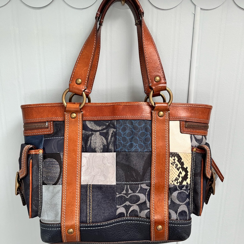 Coach Patchwork Leather Tote Bag - Brown and Blue